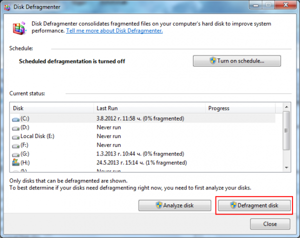 Defragmenting in Windows 7
